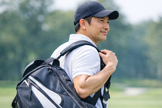右肩で安定させるゴルフバッグの担ぎ方の基本